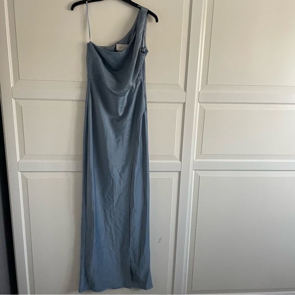 BHLDN Dylan Dusty Blue One-Shoulder Satin Side-Slit Gown 20218 - Picture 6 of 14